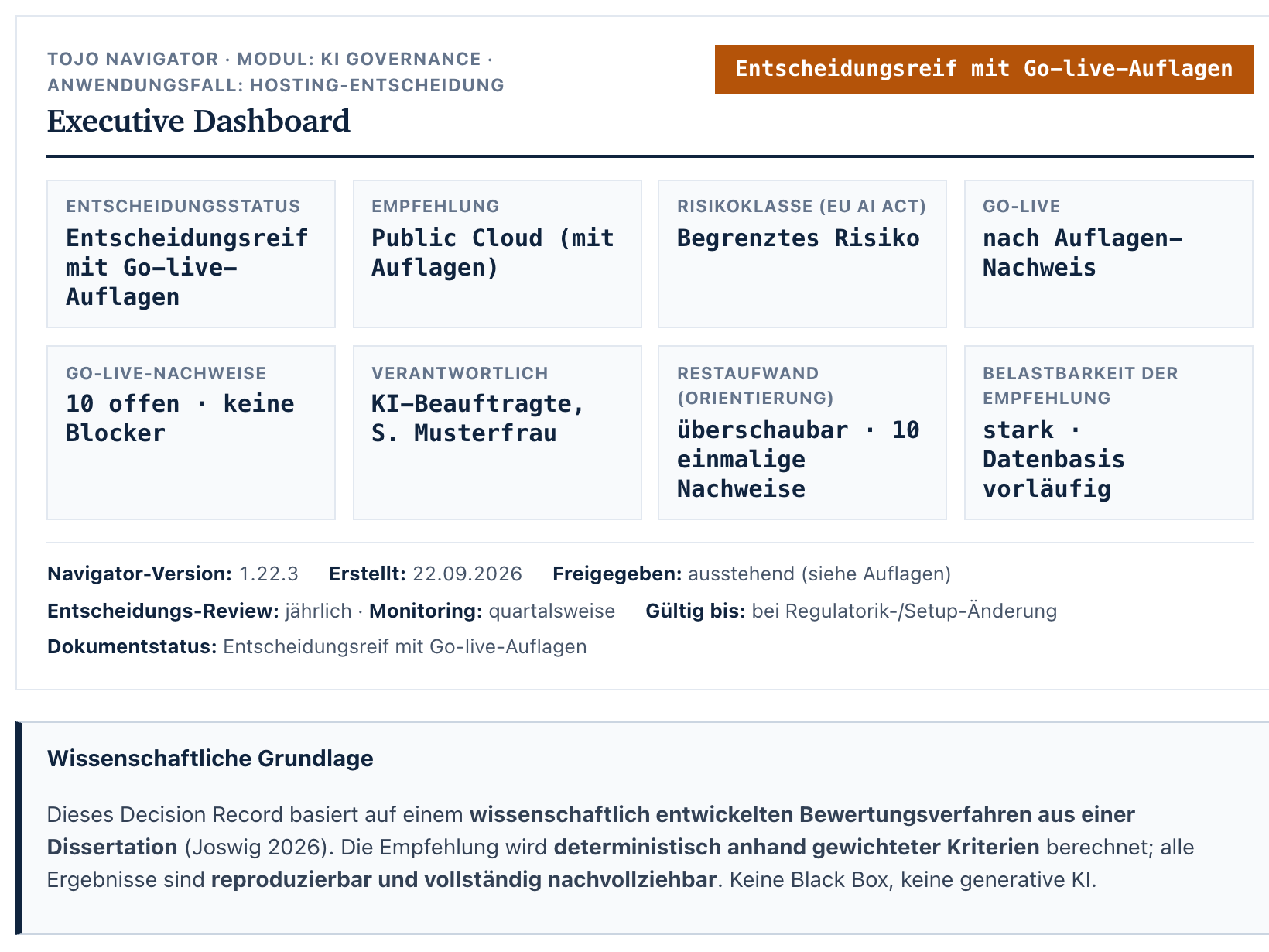 Seite 1 des Decision Records: Executive Dashboard mit Entscheidungsstatus, Empfehlung, Risikoklasse und Restaufwand